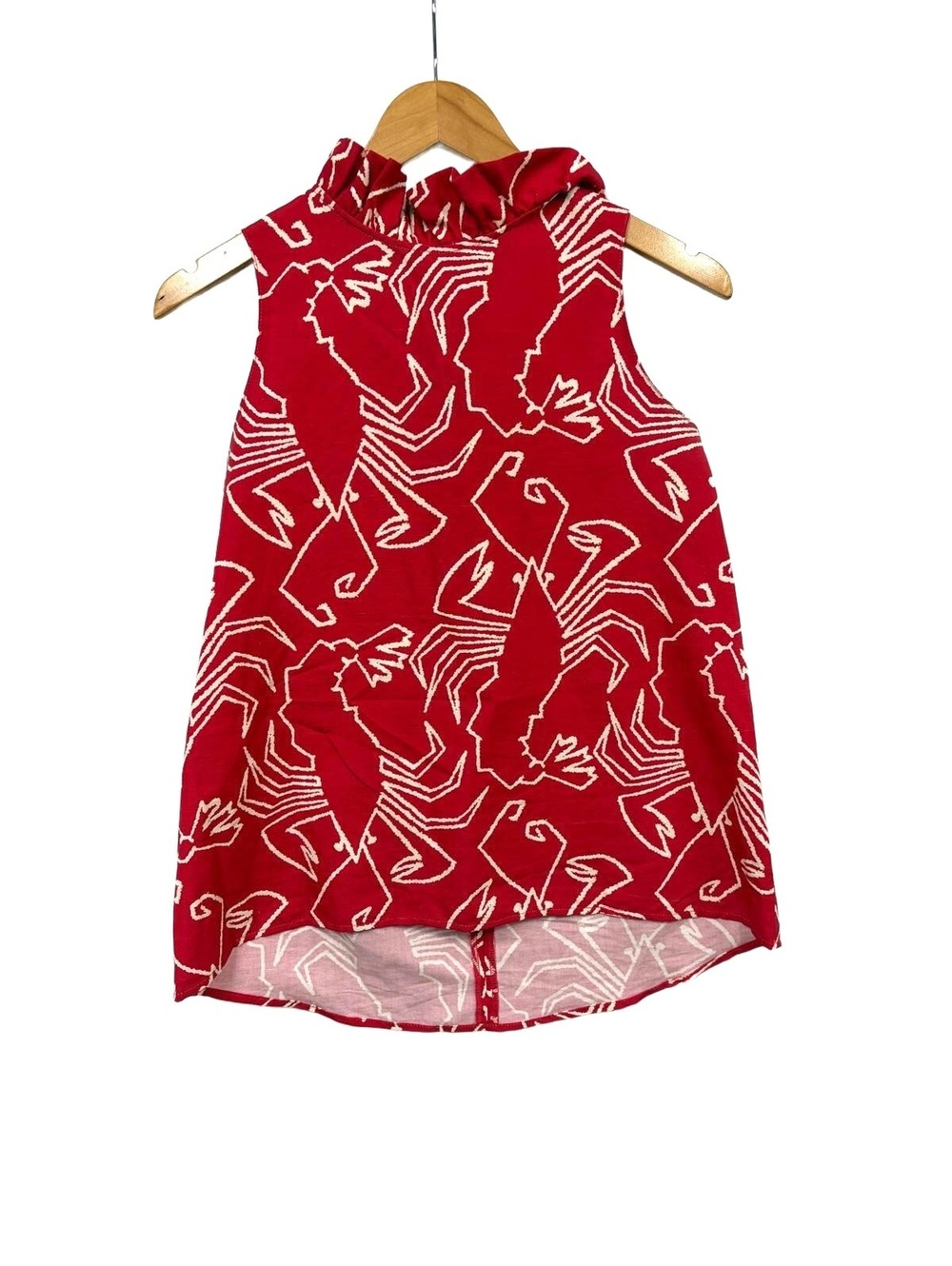 Tyler Boe Top S Red Cream Lobster Print Linen Cotton Ruffle Neck Bow Back Blouse